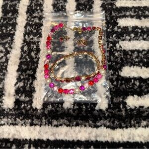 Pink and Red Crystal Pearl Necklace, Earrings, and Bracelet Set